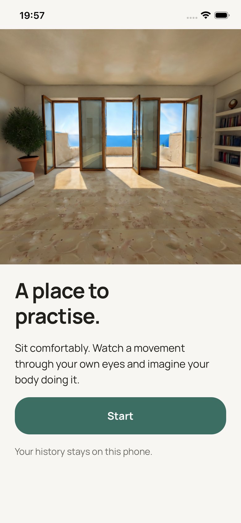 The app's welcome screen: a place to practise
