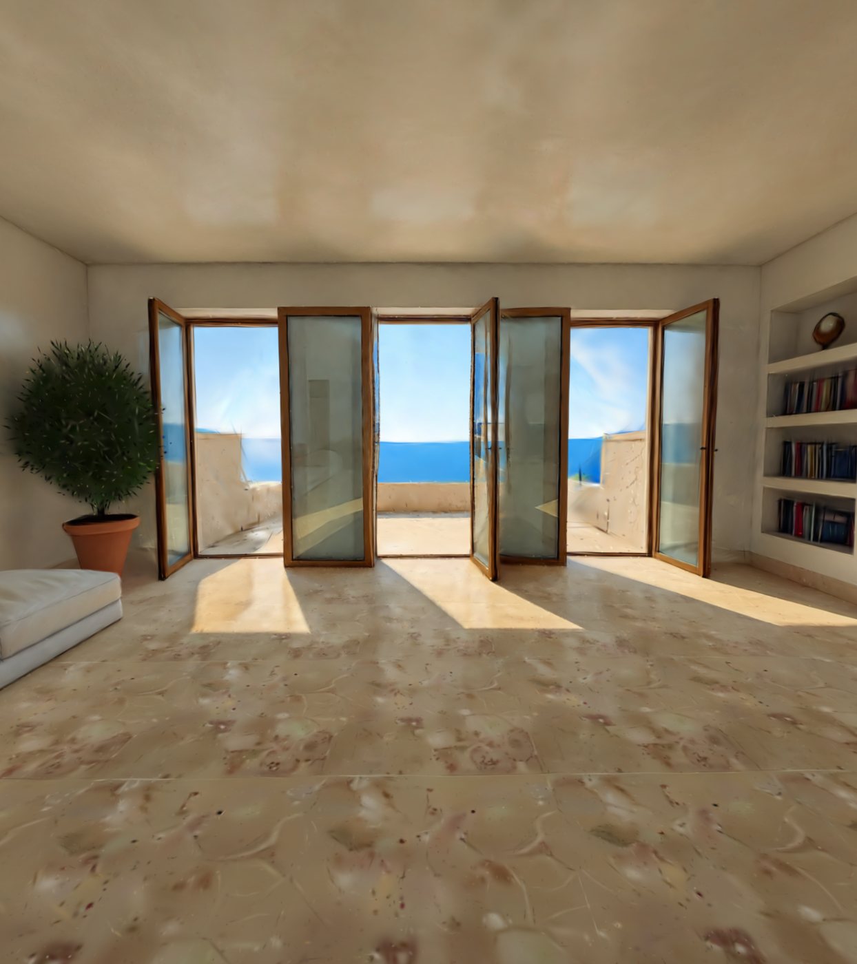 The Villa living room, doors open to the sea